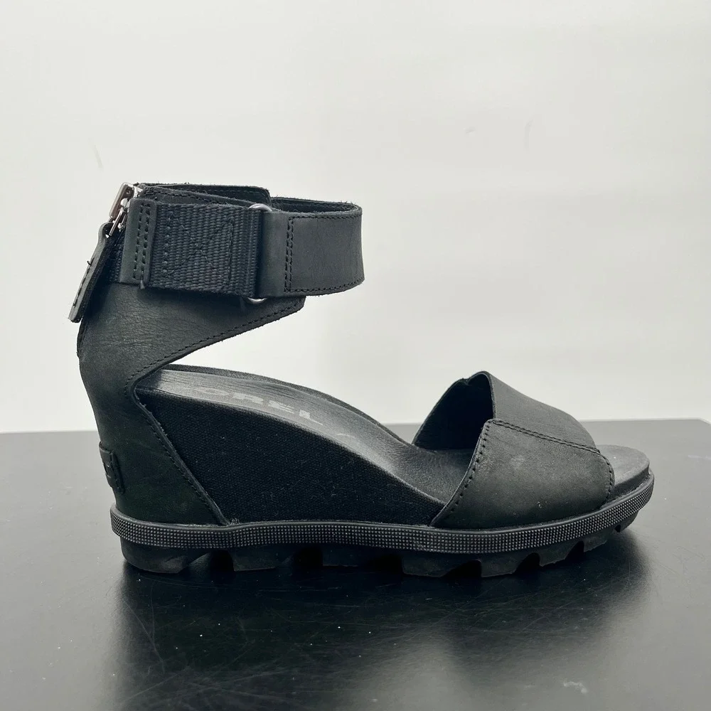 Sorel Joanie II Wedge Sandals Womens 6.5 Black Leather Ankle Strap NL3217-010